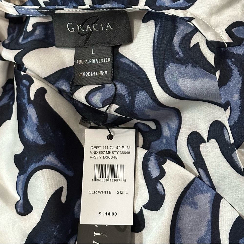 Gracia NWT Women’s Size L Navy Blue White Floral Printed V‑Neck Maxi Dress. - Picture 10 of 11